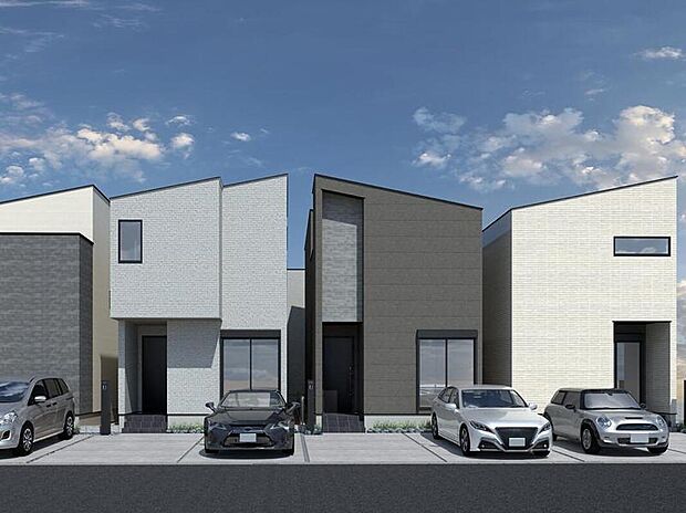 【連棟イメージパース(右側より4号地、5号地、6号地、7号地)】
外観デザインも間取り、内装がそれぞれ１軒一軒が異なるデザイナーズハウス。注文住宅のような特長ある住まいです。