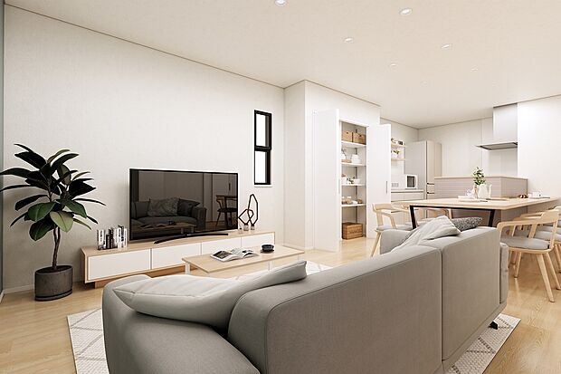 【CGパース/2号地内観(イメージ)】17帖のリビングは家族みんなが毎日自然に顔を合わせられるリビングスルー階段を採用。