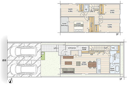 建物面積にはインナーバルコニー3.72m2を含む。
玄関にはシューズクローク、LDKにはクローゼットとパントリーがあり、2階の各居室にもクローゼットを設け居住空間をすっきりと保てます。 