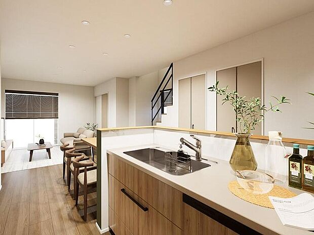 【キッチン】【4号地内観パース】
オープンタイプの開放感あるキッチン。調理中も家族と会話ができます。リビング階段で、自然と家族が繋がる間取り。