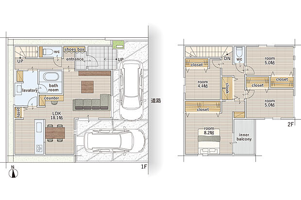 【4LDK】建物面積にはポーチの一部約1.55m2、インナーバルコニー部分約4.42m2を含む。
建物面積にはポーチ部分約1.55m2、インナーバルコニー部分約4.42m2含む
洗面所を中心に回遊できる間取りは家事動線が短く便利です。