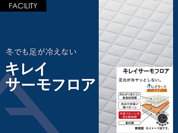 【キレイサーモフロア】浴室の床本体の上に、断熱層+水はけのよい溝付きの材質が載っている多重構造!
表面の溝は浅めになっているので掃除をするときにスポンジが奥まで届きやすく、汚れが残る心配も少なくて済みます。