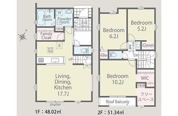【3LDK】◇3面採光の明るいLDK☆リビングイン階段プラン♪
◇キッチン裏にはファミリークローク完備♪
◇主寝室にはWIC＆フリースペース付き♪
