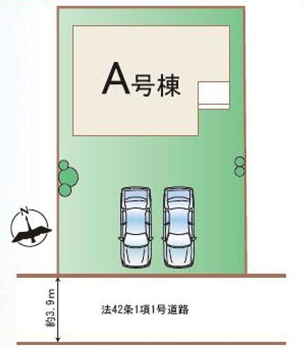 【全体区画図】カースペースはゆったり並列2台分駐車可能!前面道路は車通りが少ないため、駐車の際にも慌てることがなく安心です♪