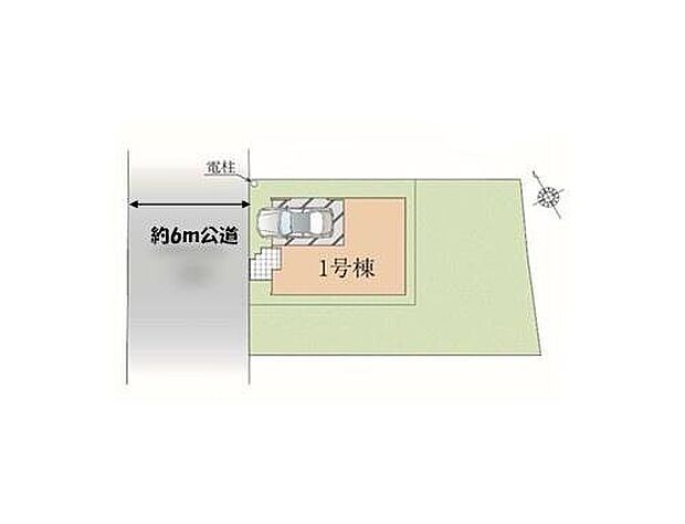 【全体区画図】ビルトインガレージの車庫は雨からお気に入りのお車を守ってくれます♪前道が6ｍあるので、車庫入れが苦手な方でも安心して入れられます。