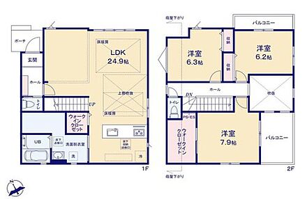 約24.9帖の広々LDKには床暖房＋吹き抜けで開放感♪
リビングは間仕切ることで来客用やお子様スペースとても活用できます☆
WIC2カ所など収納も豊富！2階は6帖以上の洋室とバルコニー2カ所付きで使い勝手抜群♪ 