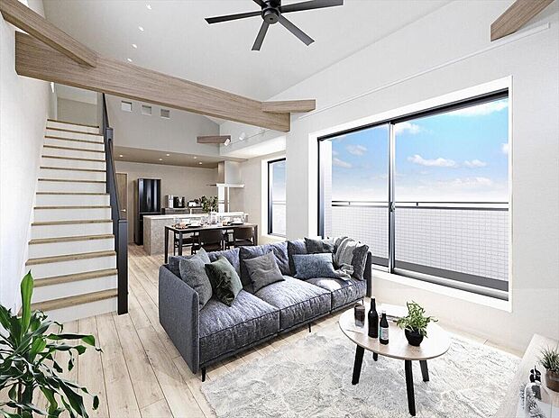 【弊社既分譲内観パース】
折り上げ天井を採用したLDK。あらわし梁が空間のアクセントとなり、デザイン性も高めています。
※画像にはオプション商品も含まれております。