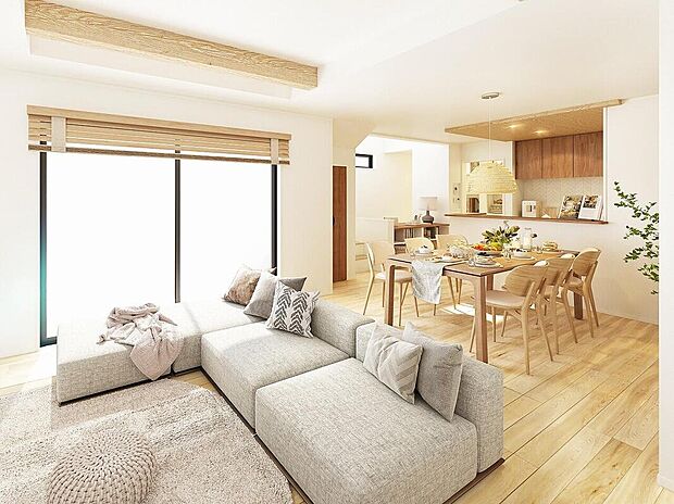 【弊社既分譲内観パース】
家族の会話が弾む対面キッチンと、広がりを感じる折り上げ天井。
※画像にはオプション商品も含まれております。