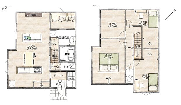 建物プラン例（ジョインリビング）
建物価格2430万円、建物面積114.27m2(34.49坪)
整形地のため設計の自由度が高く、理想の間取りを実現しやすい区画です。