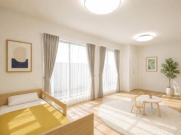 2室共通部屋※完成イメージパース ■ライフスタイルの変化に合わせて、いつでも間取りをカスタマイズできます。(※壁の取付は有償工事となります)