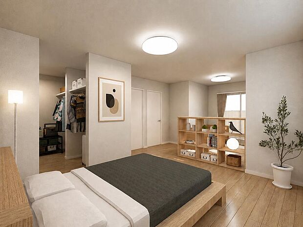 2室共通部屋※完成イメージパース ■将来2室に分けられる設計の2階居室。ライフスタイルの変化に合わせて、いつでも間取りをカスタマイズできます。(※壁取付は有償工事となります)