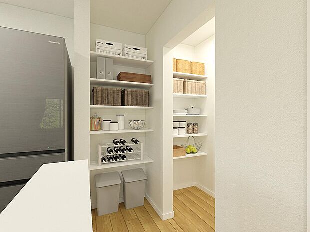 【パントリー(A)※完成予想パース】■ママにうれしいキッチン横パントリー。買い置きもたっぷり収納でき、毎日の家事を快適にサポートします。