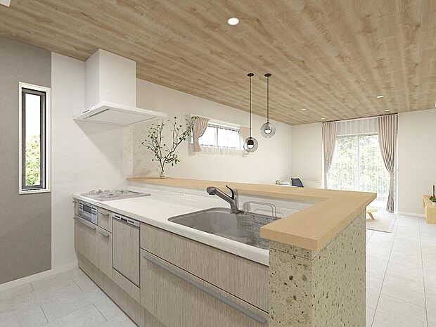 【キッチン※完成予想パース（B）】B棟は、「洗練された北欧インテリアデザイン」壁紙や照明などコーディネーターが手掛けたこだわりのお家です。