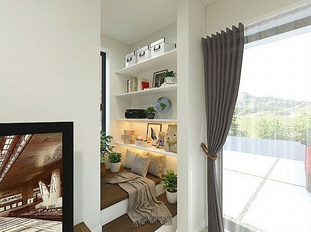 【階段ライブラリ※完成イメージパース】通り過ぎる場所から、立ち止まる場所へ。1m2もムダにしない空間づくりと見せる収納が同時に叶います。お気に入りの表紙を飾れば、階段がアートギャラリーに。