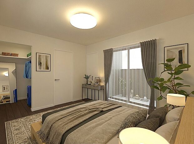 【主寝室※完成イメージパース】大容量ウォークインクローゼット付き主寝室。バルコニーに面した天井には、室内干しホスクリーンが付いています。