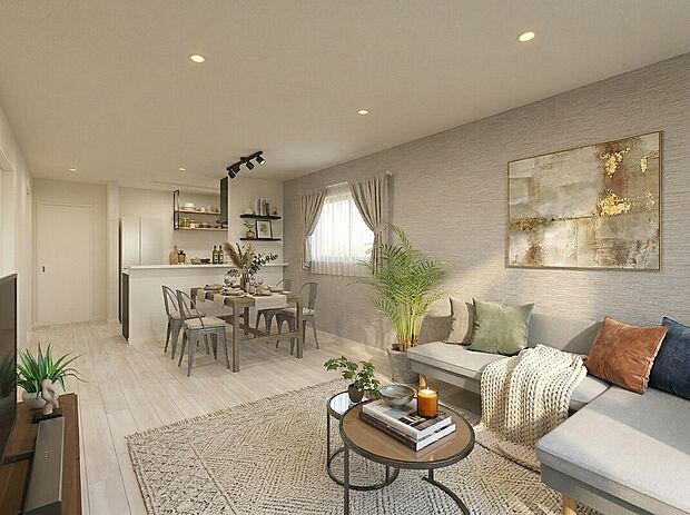 【LDK※イメージパース［B棟］】キッチンからリビング全体を見渡せるプラン。キッチンに立ちながら、リビングで遊ぶお子様を見守りながら家事ができます。