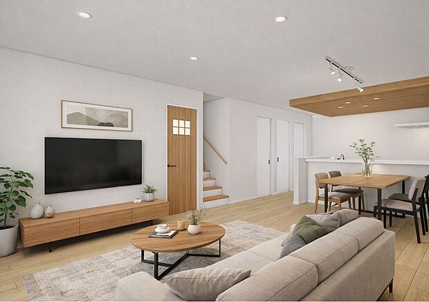 【LDK（No.B)※完成イメージパース】 ■リビングまで見渡せるカウンターキッチンでは、子ども達がお昼寝している様子や遊んでいる様子などを見守りながらお料理ができます。