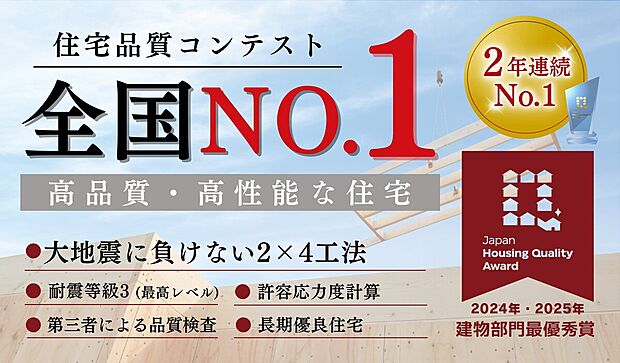 【5LDK】ナカオホームは第三者機関+自社スタッフによる10回の監査を導入。JapanHousingQualityAwardで2年連続最優秀賞を受賞。2×4工法による高品質な住まいづくりが高く評価されています。