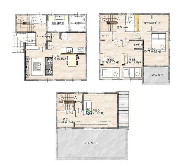 【プラン例】建物プラン例(2)
「屋上庭園のある家」
建物面積114.26m2(34.48坪)