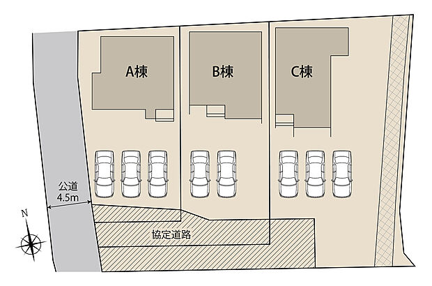 【全体区画図】【全3棟！】駐車３台以上可で来客時も余裕のスペース！忙しい毎日のお子さまの送り迎えも楽々です！
