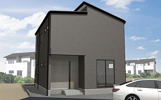 【E棟 完成予想図】全棟カースペース2台分を確保。洗練された外観デザインは、住まう人の暮らしを静かに引き立てます。落ち着いた街並みに馴染む、上質感のある佇まいです。