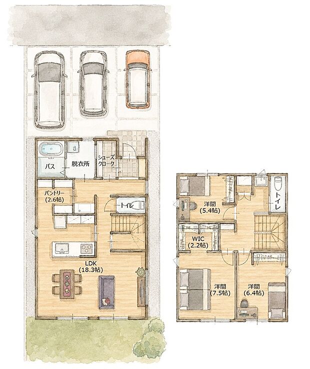 【☆ 家事ラク、ただいま動線のある住まい】■参考プラン ・ 区画No.3　◇延床面積  108.75m2 (32.89坪)　◇3LDK　◇建物価格  2,310万円 (税込)　・金額には、外構、屋外給排水工事、その他諸経費は含まれません　・プランは一例です、お客様のご要望に合わせ、建築士がプランニングいたします