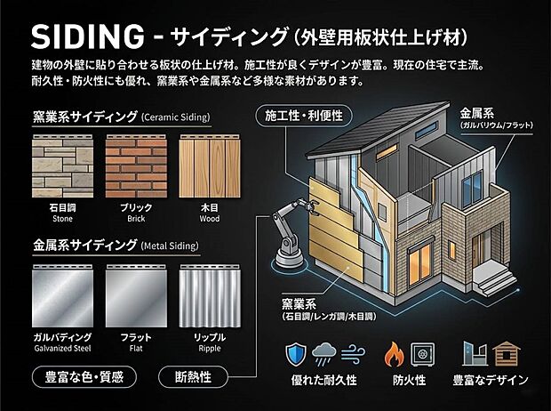 サイディング 建物の外壁に張るパネル状の材料です。セメントや金属からなり、デザイン豊富で施工しやすいため、現代の住宅で広く普及しています。