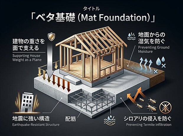 【その他画像】ベタ基礎 床下全体に鉄筋コンクリートを流し込む基礎工法です。建物を面で支えるため地震に強く、湿気やシロアリを防ぐ効果もあります。