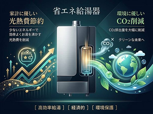 【その他内観】省エネ給湯器 少ないエネルギーで効率よくお湯を沸かすことができます。これにより光熱費を節約できるだけでなく、CO2排出量も削減できるため、家計にも環境にも優しい設備です。