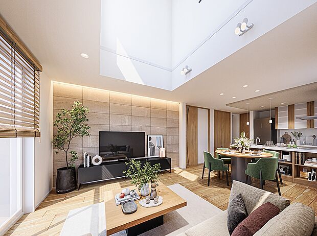 吹抜けは、暖かな光を1階に落とし込み、LDKの開放感をより生み出します。（1号棟内観完成予想図）