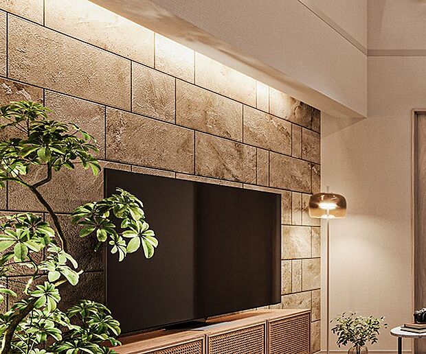 【アクセントウォール・間接照明】深みのある素材に柔らかな光が陰影を添え、上質さを演出【エコカラット】調湿・脱臭効果を持った機能性建材で快適空間に(内観完成予想図)