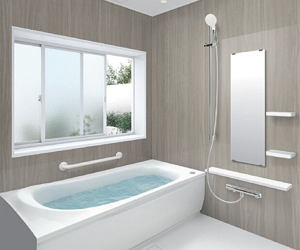 【【TOTO】システムバスルーム】【ゆるリラ浴槽】頭と首をしっかり支え、背中を包み込み身体にかかる圧力が分散され、自然とリラックスする姿勢になれます。4面デザインの美しい壁面とダウンライトが上質な空間を創出。