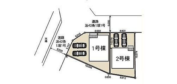 【全体区画図】全2棟の配置が分かる区画図です。各棟の位置関係や駐車スペースをご確認いただけます。