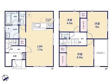 ◆広くて明るい17帖のＬＤＫ
◆リビングが見渡せる対面キッチン
◆まとまった水回りで家事動線もスムーズ♪
◆全居室収納付きでお部屋を広くお使いいただけます
◆冷暖房効率を高める全居室ペアガラス採用 
