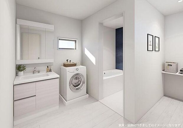 【【洗面所】完成予想図(内観)】身支度や家事がしやすい、使い勝手に配慮された洗面室。収納付きの洗面化粧台は洗面用品や小物をすっきり整理でき、毎日の身支度も快適です。広さにゆとりのある空間で、朝の支度や入浴前後の時間もスムーズに使えます。清潔感のある空間設計で、毎日気持ちよくお使いいただける洗面スペースです。