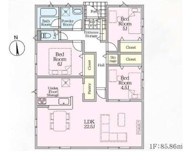 【3LDK】◆ワンフロアで移動も楽々♪希少な平屋プラン
◆広々22.5帖のＬＤＫ♪ご家族そろってゆっくりお過ごしいただけます
◆お部屋すっきり全室収納付き♪キッチンにパントリーなど収納豊富な間取り