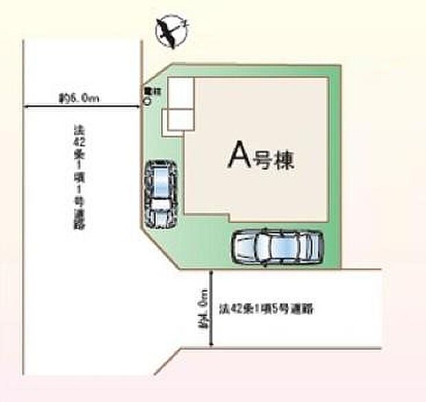 【全体区画図】◆南西・南東角地で陽当たり良好
◆敷地面積30.4坪◆カースペース２台（車種による）
◆北春日部駅まで徒歩12分◆お買い物も便利な閑静な住宅街