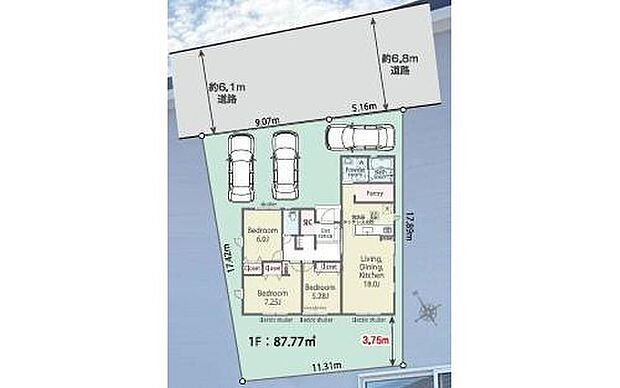 【全体区画図】◆敷地面積54.7坪！ワンフロアで移動も楽々♪希少な「平屋」プラン
◆駐車スペース３台分♪前面６ｍ道路で駐車も楽々♪
◆陽当たり良好◆閑静な住宅街