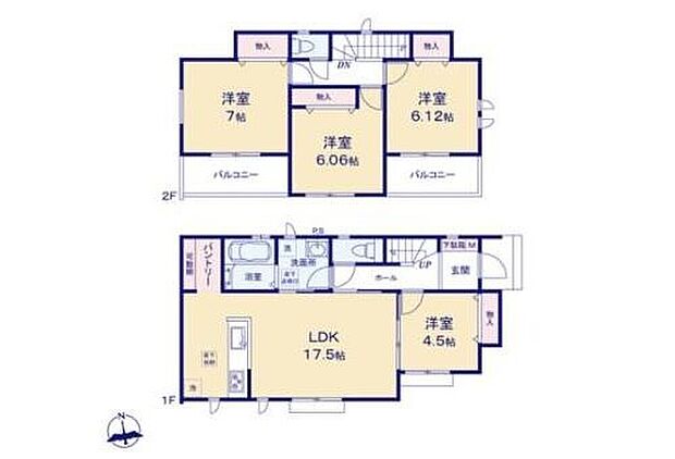 【4LDK】◆広々17.5帖のＬＤＫ♪キッチンには嬉しいパントリー付き
◆玄関とリビングの２方向から出入り可能な洗面所
◆全室南向きで日当たり良好です♪