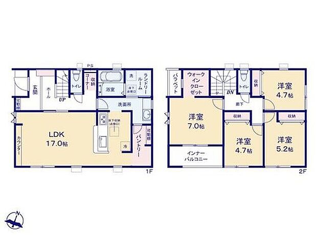 【4LDK】◆快適でゆとりある生活を楽しめる4LDKプランの住まい
◆家族みんなが動きやすい、ストレスフリーな回遊動線の間取り
◆WICやパントリーなど充実の収納力