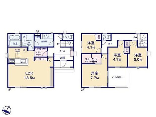 【4LDK】◆広くて明るい18帖のＬＤＫ♪リビングが見渡せる対面キッチン
◆玄関とリビングの２方向から出入り可能な洗面所
◆7.7帖の主寝室には大容量のＷＩＣ付き
