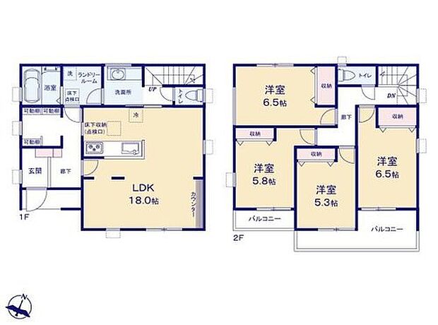 【4LDK】◆広くて明るい18帖のＬＤＫ♪
◆ランドリールームと洗面所が分かれていて朝の忙しい時間なども快適に過ごせます
◆玄関に大容量のファミリークローク♪＋全居室収納付きでお部屋を広くお使いいただけます