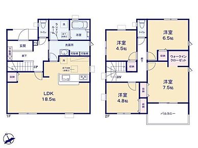 ◆広々18.5帖のＬＤＫ♪リビングが見渡せる対面キッチン◆動きやすいまとまった水回り設計♪ランドリールームのある間取り◆お部屋すっきり全室収納付き♪主寝室にはＷＩＣもあります 