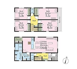 2階に4部屋がまとまった4LDK♪家族団らんの空間と、ご家族それぞれのプライベート空間が両立しやすい間取りです♪ 