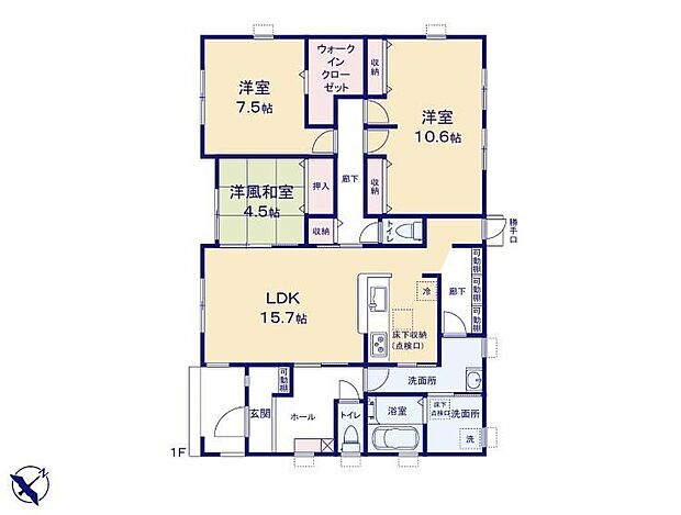 【4LDK】◆スムーズな生活動線が魅力の平屋プラン♪◆家族みんなが動きやすい、ストレスフリーな回遊動線の間取り◆リビングに和室が隣接した使い勝手の良い間取りです