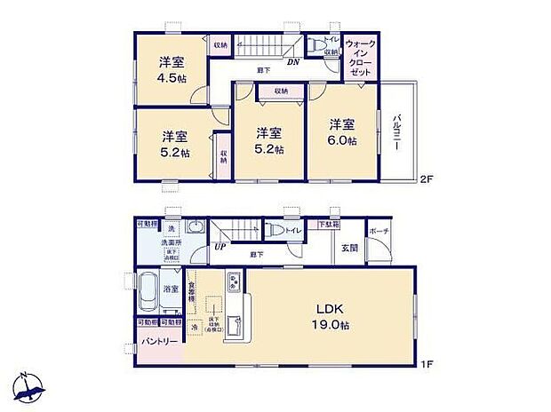 【4LDK】◆広々19帖のＬＤＫ♪食洗機標準装備の対面キッチン
◆全室収納付き♪キッチンに大型パントリー、主寝室にＷＩＣなど収納豊富
◆部屋干しにも便利なホスクリーン（2ヶ所）、戸建用の宅配ボックスほか設備も充実