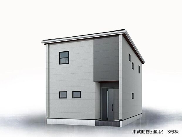 【完成予想図(外観)】落ち着いたグレーの外壁のスッキリした2階建て。整然と配置された小窓と奥まった玄関が落ち着きを演出し、ほどよい存在感を放ちます。