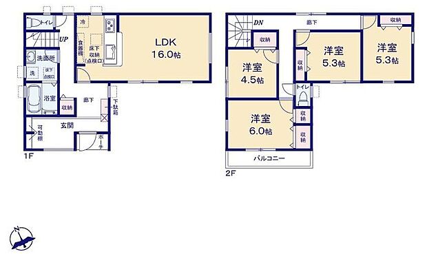 【4LDK】◆快適でゆとりある生活を楽しめる４LDKプランの住まい
◆家族みんなが動きやすい、ストレスフリーな回遊動線の間取り
◆2階に4部屋をまとめることで、ご家族それぞれのプライベート空間も保てますね。