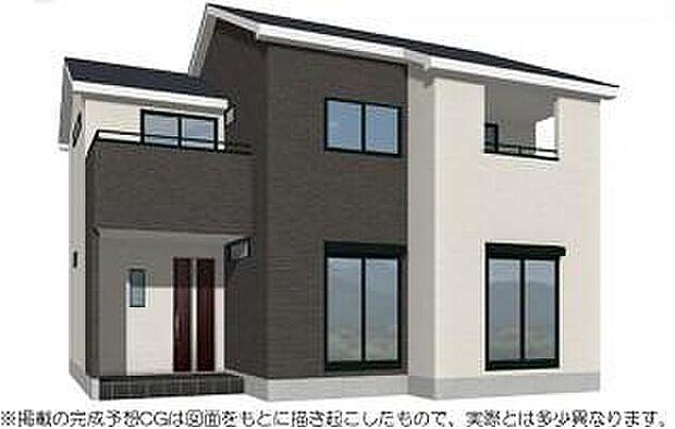 【6号棟 完成予想図(外観)】シンプルなフォルムと落ち着きある色合いが魅力。やさしさと安心感を兼ね備えた暮らしやすい住まいです。