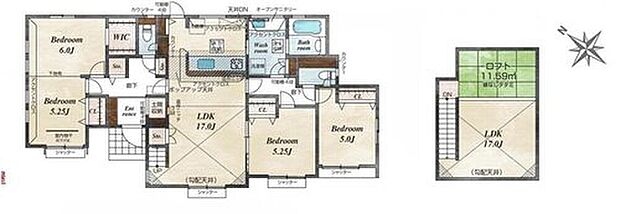 【3LDK】◇ワンフロアで移動が楽で家事効率が良い平屋プラン♪
◇LDK17帖、吹抜けとロフト付きの明るく開放感のあるリビング♪
◇家族の成長に合わせて間取り変更可能♪
◇土間収納、WICなど収納充実♪